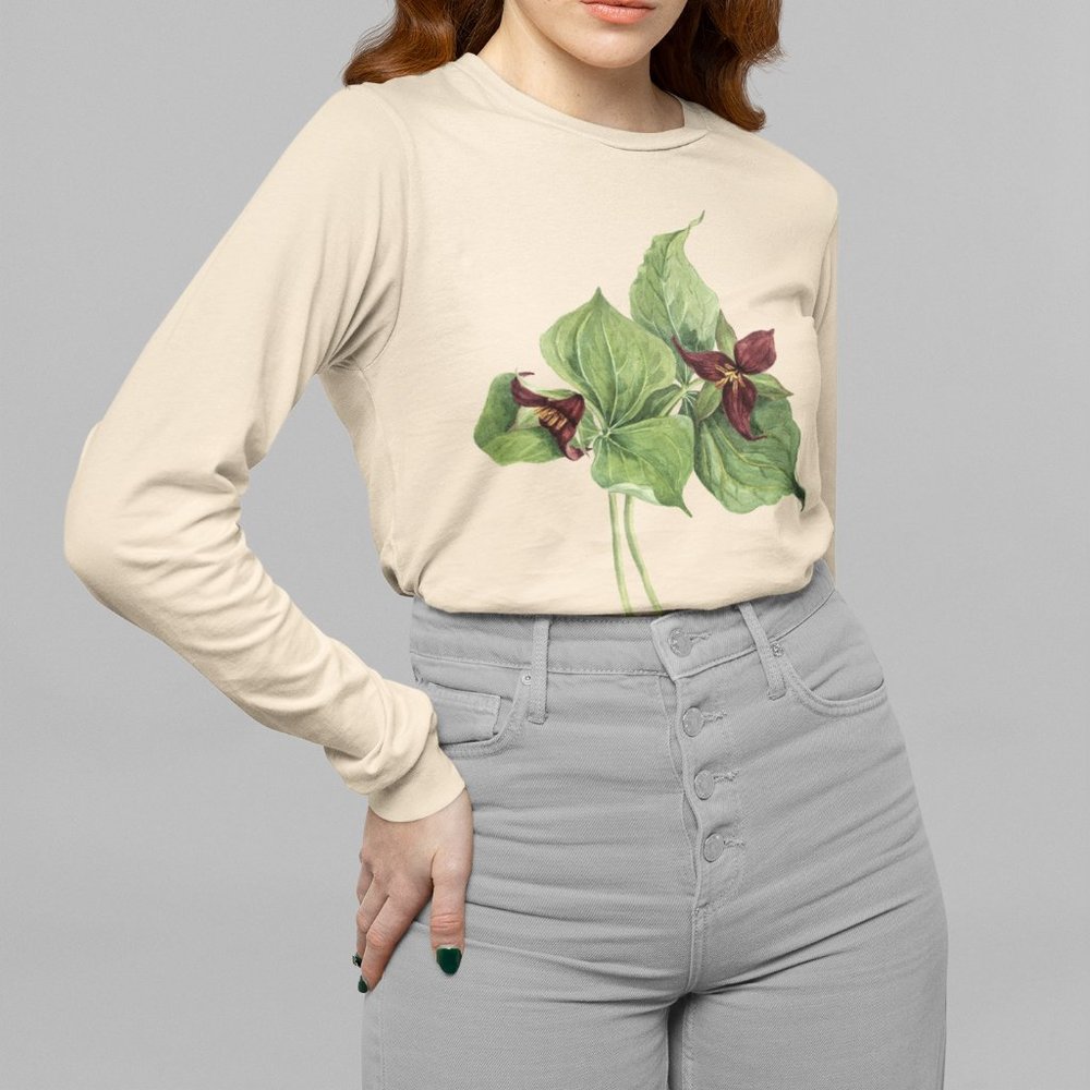 Red Trillium Vintage Floral Print Long Sleeve Graphic Tee T-shirt S M L XL